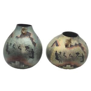 Pair of Native American Painted Gourds Tribal Designs by Soszynski Vintage 1980s
